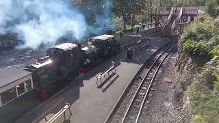 Ffestiniog Railway, train with steam and diesel locos departing from Tan y Bwlch. 597mm narrow gauge