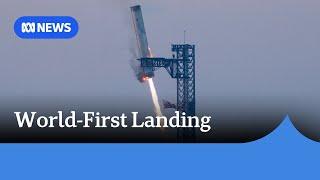 SpaceX performs world’s first catch-landing of rocket booster with ’chopsticks’ | ABC News