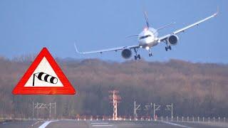 Storm/Hurricane Burglind at DUS Airport with Crosswind, Rain Showers and one go around