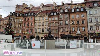 Rainy December in Warsaw. Poland. Walking tour. Christmas atmosphere