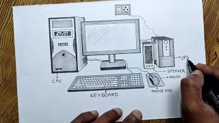 Easy way to draw desktop computer set step by step