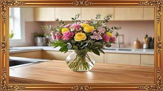 The Art Corner l Elegant Floral Arrangement in a Gold Ornate Frame l Kitchen Decor