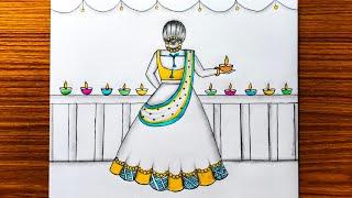 How to draw A traditional girl with diya | Diwali drawing easy | Lehenga drawing | Pencil sketch