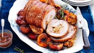 Roast Pork with crispy crackling, stuffing and glazed fruits