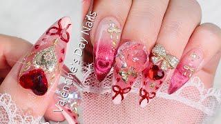 Valentine's Day Nails️ Cute Ribbon French!  Magnetic Nails/Tip Extensions/DIY Nail Art ASMR