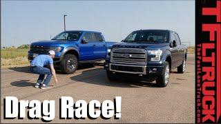 Ford F-150 Raptor vs Ford F-150 3.5L Twin Turbo Drag Race: V6 Turbo vs 6.2L V8