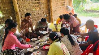 We are fixing the roof of the rice storage, and for lunch, we will have samlor machu beef