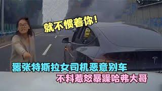 囂張特斯拉女司機惡意別車還罵人，不料惹怒暴躁大哥：就不慣著你