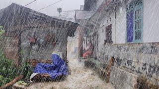 Super heavy rain in a beautiful village never stop, walking in super heavy rain 3 hours, to sleeping