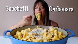 Four Cheese Sacchetti Carbonara MUKBANG + Recipe!