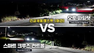 어두운 도로에서 갑자기 사람이 튀어나온다면 긴급제동시스템이 작동할까? 아이오닉5 VS 테슬라 모델3 하이랜드