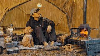 Solo Camping in Rain with My Dog . Relaxing in the Hot Tent . Wood Stove ASMR