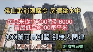 廣東佛山全面取消限購令，房價持續跳水，每平米從10000降到6000，舊屋低至3000，100萬買別墅，15萬公寓，依然無人問津，商場持續拍蒼蠅