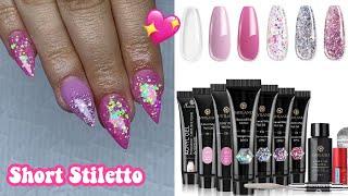 SHORT PINK POLYGEL STILETTO NAILS! SAVILAND POLYGEL Nails Tutorial For Beginners!