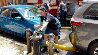 **2 CARS PARK on HYDRANT at FIRE!** Firefighters Work to Extinguish Fire in the Rear of Brownstone