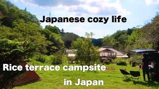 【Japanese  cozy life】I went to a rice terrace campsite in Satoyama, Japan with a small camper