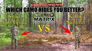 Compare hunting camo patterns Sitka SubAlpine Vs Killik Summit with deer vision on 14 backgrounds