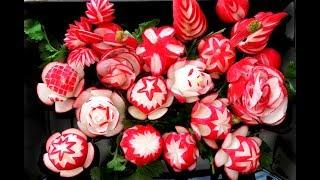 How To Make Red Radish Flower - Vegetable Carving Garnish - Sushi Garnish - Food Decoration