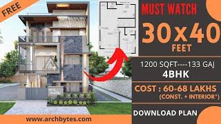 30x40 Feet Unique Modern House Design 3D: 4 Bedrooms, 4 Bathrooms, 3 Floors, Terrace | 9x12 meters