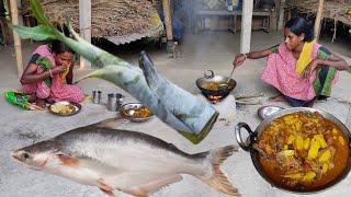 How to cook BANANA TREE recipe with PANGAS FISH by our santali tribe family | New style cooking