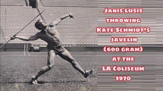 Janis Lusis throwing Kate Schmidt's 600 gram in the LA Coliseum (about 400ft).