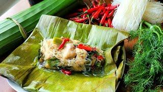 How To : Mok gai sai sen lon | Steamed chicken + glass noodle wrapped in banana leaves | Lao food