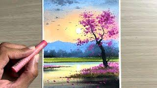 Beautiful cherry blossom tree | oil pastel painting