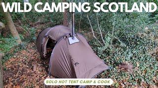 Wild camping Scotland. Solo hot tent camp and cook. A night in the forest.