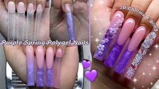 GLITTER PURPLE SPRING POLYGEL NAILS HOW TO FRNECH TIP & 3D CHARMS DESIGN! | Nail Tutorial