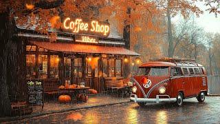 Rainy Fall Day at Outdoor Coffee Shop  Relaxing Jazz for a Warm and Positive Mood