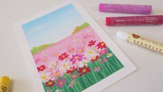 [ENG] Drawing a flower garden landscape with oil pastel 오일파스텔 초보 가을 풍경화 그리기 | 코스모스 꽃밭 풍경화