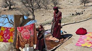 The sufferings of Leila, a nomadic girl, washing clothes and collecting firewood alone