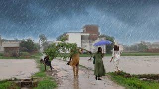 Early Morning Heavy Thunderstorm and Super Rain In the Village of Pakistan