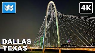 [4K] Dallas Skyline at Night - Ronald Kirk (Continental) Bridge - Walking Tour  Binaural City Sound