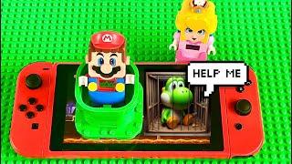 Lego Mario enters the Nintendo Switch to save Green Yoshi! Peach, Luigi & Toadette help! #legomario