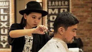 (ASMR) Stylish Japanese Lady Barber Rino - Haircut, Shave, Shampoo | WOLFMAN BARBER SHOP ROPPONGI