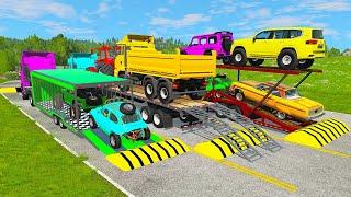 TRANSPORTING PIXAR CARS & FRUITS WITH COLORED & JOHN DEERE vs CLAAS vs TRACTORS - BeamNG.drive #962