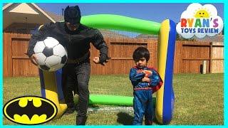 Batman vs Superman HUGE INFLATABLE TOYS for Kids Soccer Challenge