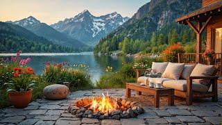 Cozy Summer Terrace by Calm Lake with Campfire and Peaceful Nature Sounds for Relaxation Ambience