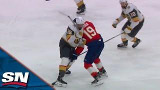 Panthers' Matthew Tkachuk Stumbles After Taking Massive Hit From Golden Knights' Keegan Kolesar