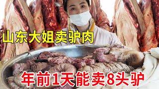 Shandong elder sister pushed the cart to sell donkey meat  donkey sausage  donkey heart and liver a