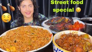 Indian Street Food Eating: Schezwan Egg Noodles, Chicken Tandoori, Chilli Chicken| Mukbang Eating