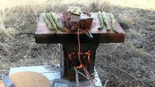 Salt Block Reverse Sear New York Steak Over A Wood Fired Firebox Stove.