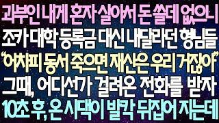 (반전 사연) 과부인 내게 혼자 살아서 돈 쓸데 없으니 조카 대학 등록금 대신 내달라던 형님들 어디선가 걸려온 전화를 받자 10초 후, 온 시댁이 발칵 뒤집어 지는데 /사이다사연