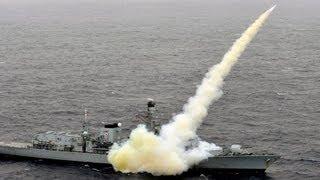 Royal Navy Type 23 Frigate HMS Montrose (F236) Fires Harpoon Anti-Ship Missiles