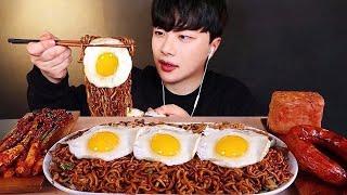 SUB)첫 쿡방!‍ 직접 만든 짜파게티 먹방 (ft. 실비 파김치) Instant Black Bean Noodles , Fried Egg Mukbang