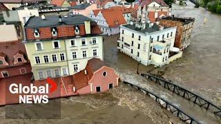 Central Europe floods: Drone video shows Polish city under water after dam ruptures