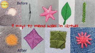 Nine Ways to Patch Holes in Clothes.Amazing Embroidery Stitches For Beginners /Guide to Sewing.