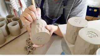 How I carved my handmade tumblers. #bluebirdpotteryjps #homestudio #pottery #ceramics #handmade