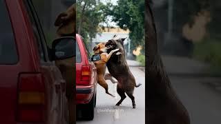 Dog vs Wild Boar Battle On Road  #animallife #dogfight #animals #wildboar #usa #trending #shorts